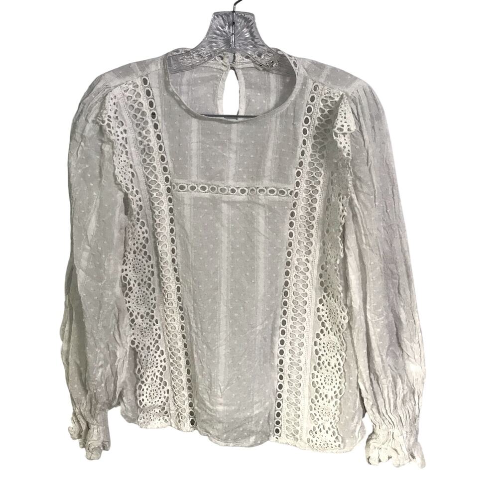 Blue Pepper Blouse Medium Womens White Eyelet Lace Feminine Romantic Sheer M